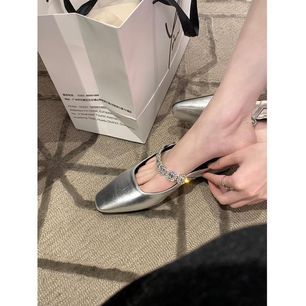 Sheepskin Version of Grape Mother French Inner Heightening Bag Head Half Slippers Women's Outer Wear Square Head One-word Diamond Sandals Women