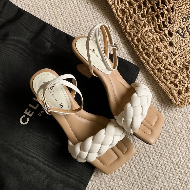 2025 summer new twist woven sandals women's high heel square head French retro word with buckle fashion women's shoes