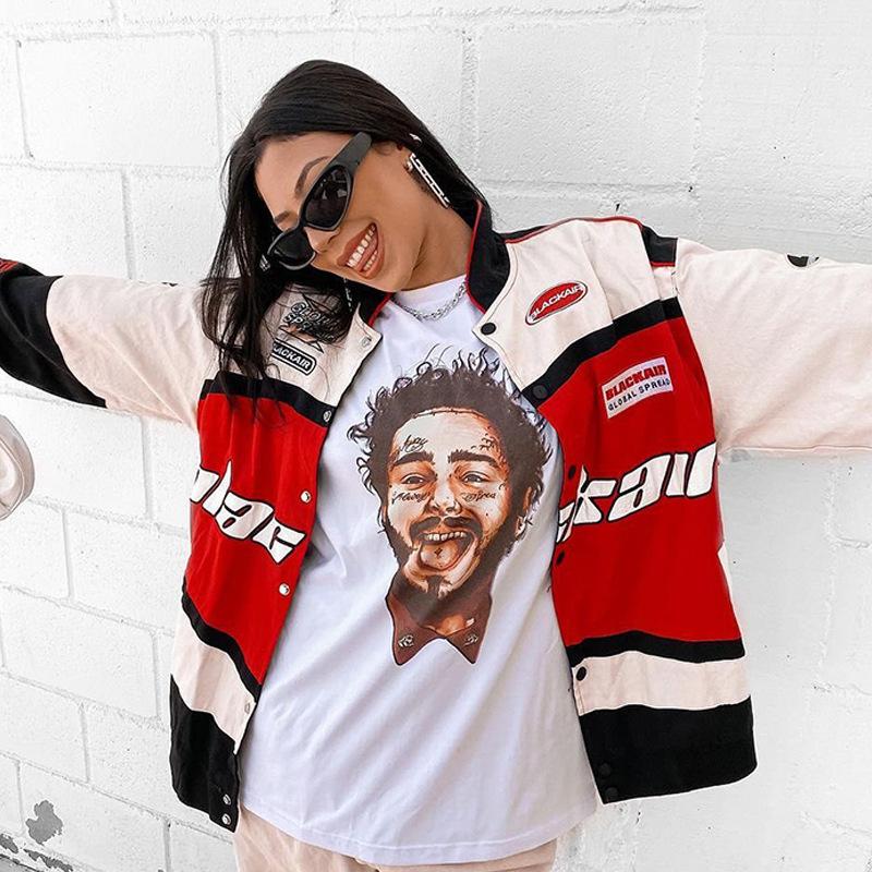 Women’s Casual Three-color Patchwork Letter Print Jacket Collared Long Sleeve Button Up Hem Elastic Coat with Pocket Fashion Sport Style Comfy Coat