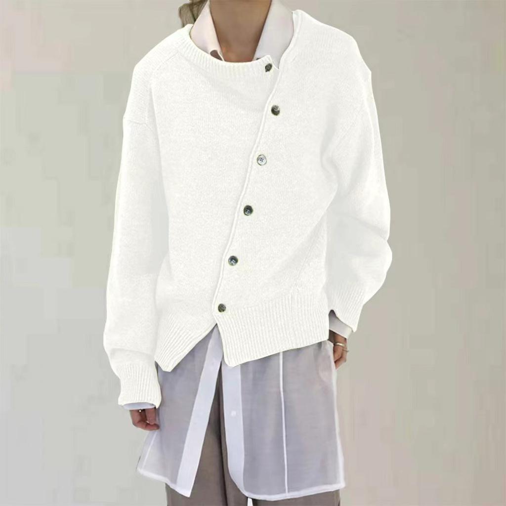 Autumn and Winter Korean Version of The Oblique Buckle Irregular Design Lazy Style Sweater Round Neck Knitted Jacket Women