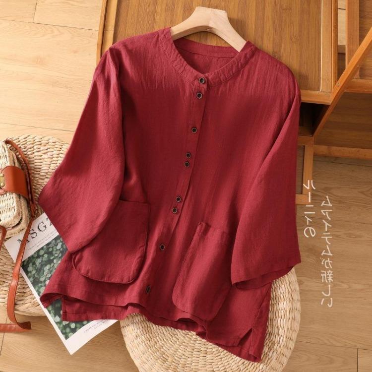 Solid Color Cotton Hemp Stand Collar Seven Point Sleeve Shirt for Women Summer Loose Plus Size Pocket Top Slimming