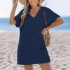 Womens V Neck Knit Swim Cover Up Dress Casual Loose Fit Short Sleeve Pockets Beachwear Lightweight