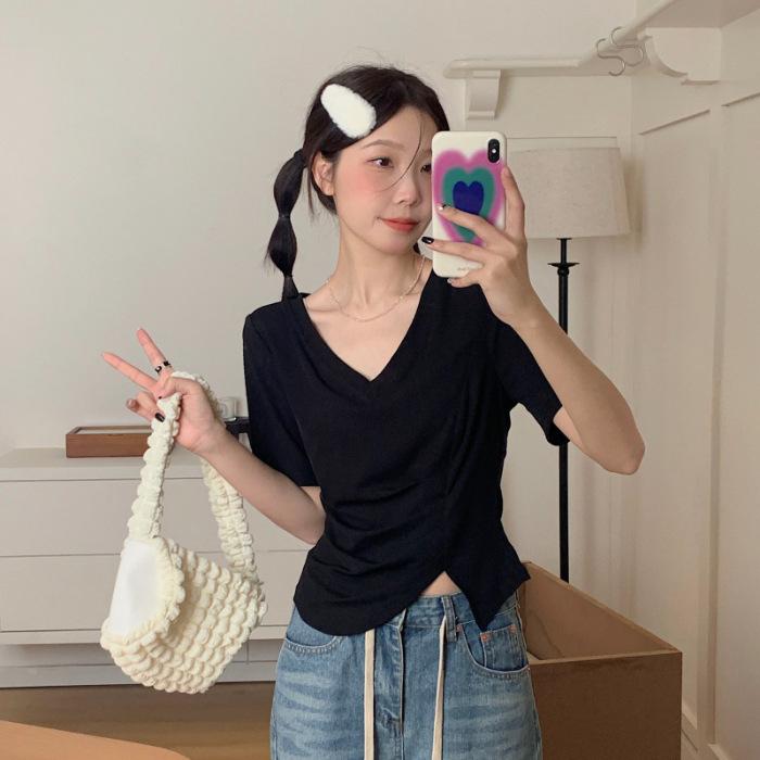 Women's Irregular V-neck Slit Short-sleeved T-shirt for Women's Summer New Pleated Student Short Top Base Shirt