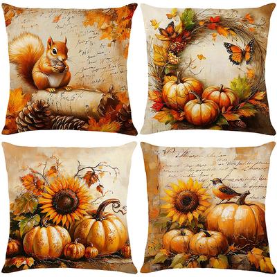 1pc Retro Oil Painting Cushion Cover Fall Themed with Rabbit Pumpkin Sunflowers Pattern for Autumn House Decoration