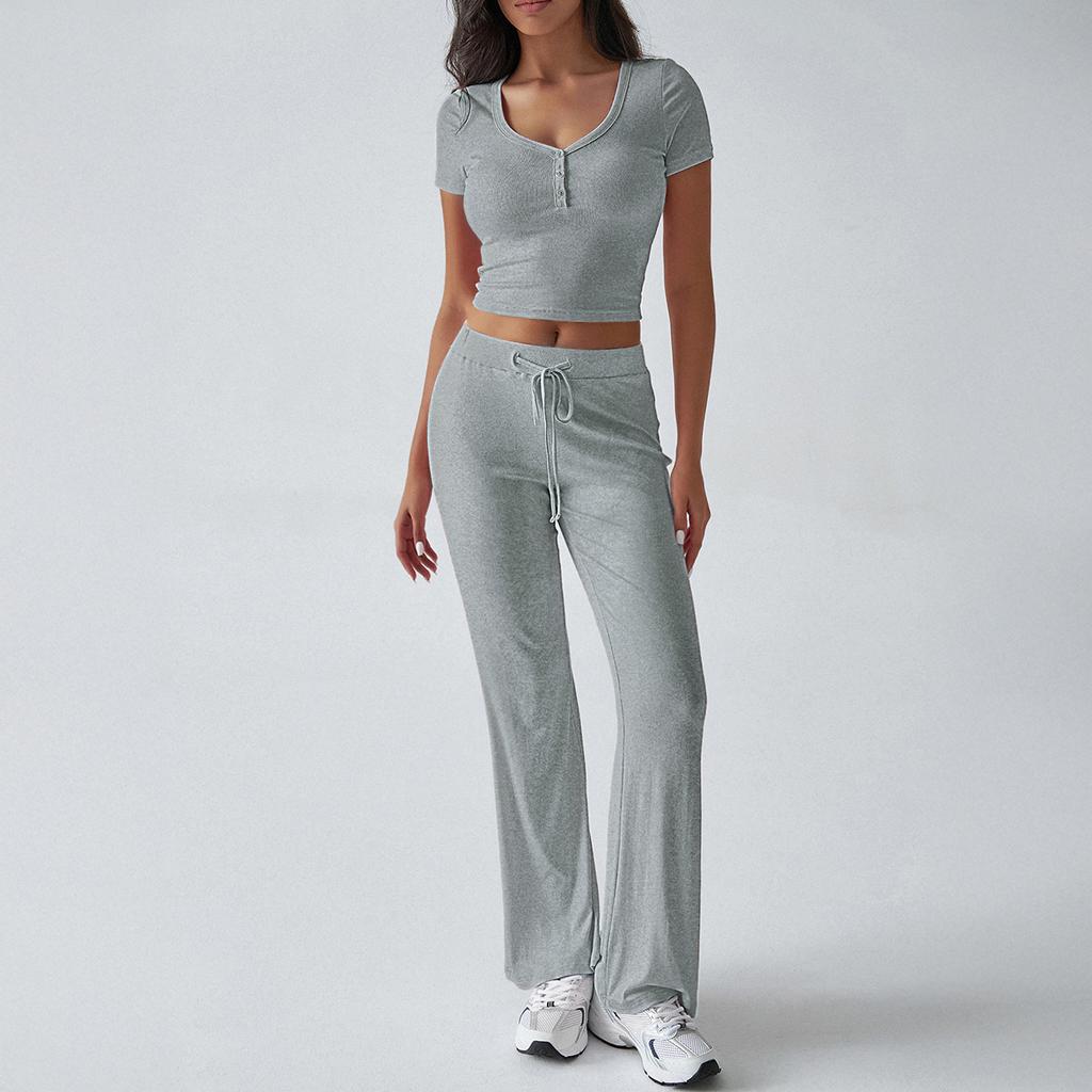 Letní dámské sportovní ležérní tričko s výstřihem do U a kalhoty s pletenými kalhotami ve stylu Y2K