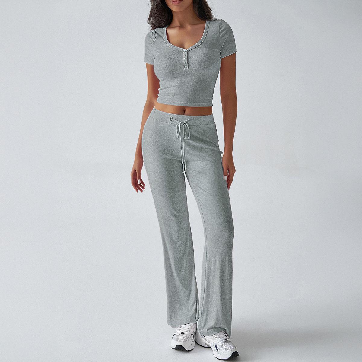

Летний женский спортивный повседневный стиль Y2K с U-образным вырезом, футболка, брюки, трикотажные брюки, костюм XL серый