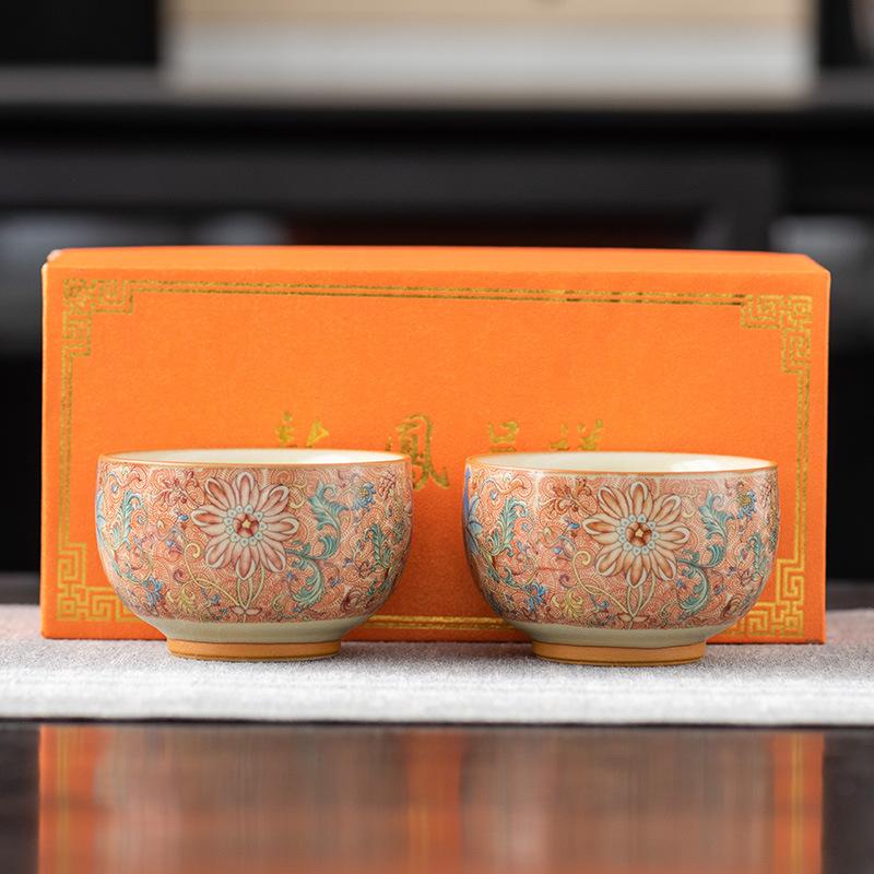 Enamel full color Ru kiln master teacup light luxury retro tea set cup gift box hardcover high-end father teacher gift