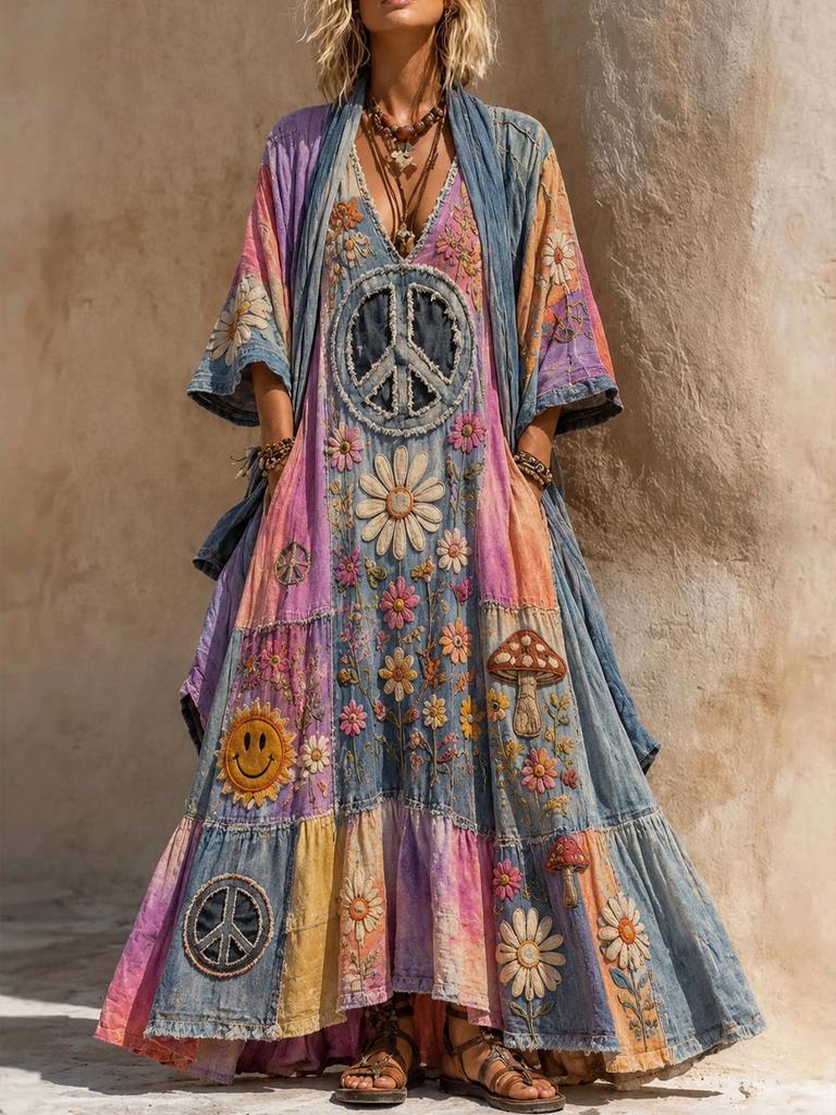 Neues böhmisches V-Ausschnitt bedrucktes langes Kleid lockere Sonnencreme-Bluse Strandurlaub Strandkleid