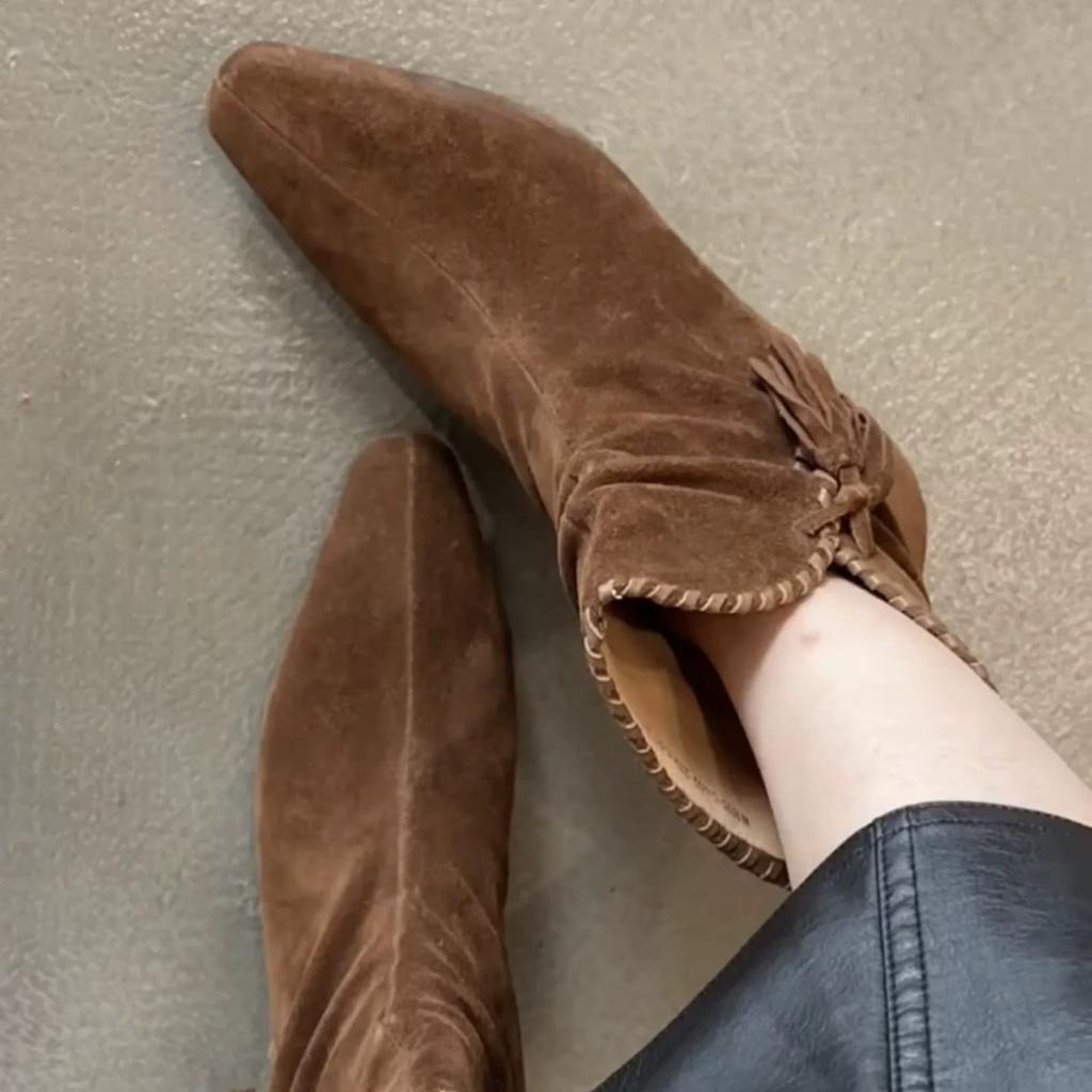 Sheepskin version~ niche square head fringed handmade string wood grain tapered heel western cowboy boots short boots women's stacking boots