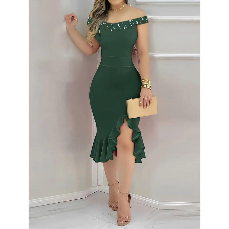 

2025 New Summer Fashion Tight Sheath off-Shoulder Frill One piece Dress Women clothing Green S