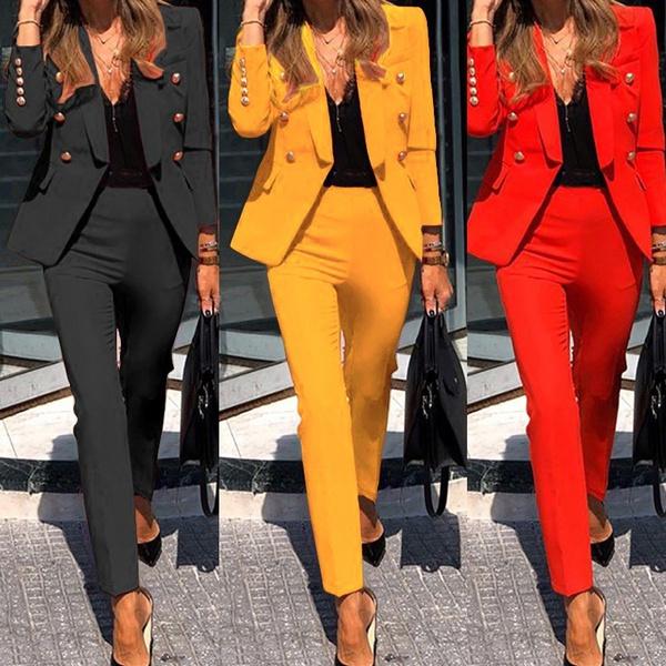 Women's Fashion Two-piece Casual Suits Blazer and Pants Set Office Lady Clothing Solid Color Plus Size