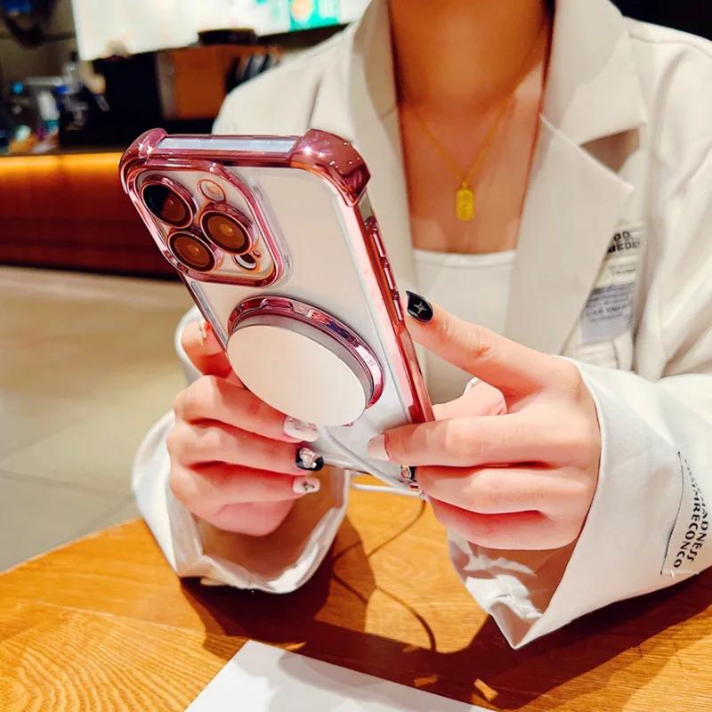 Shockproof Magnetic Magsafe Bracket Phone Case For iPhone 17 Air 16 15 14 13 12 11 Pro Max 16 Plus 16E Transparent Stand Cover