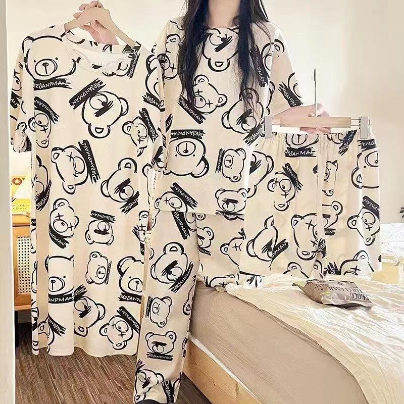 Pajamas women's summer round neck short-sleeved nightgown summer loose cropped pants loungewear set