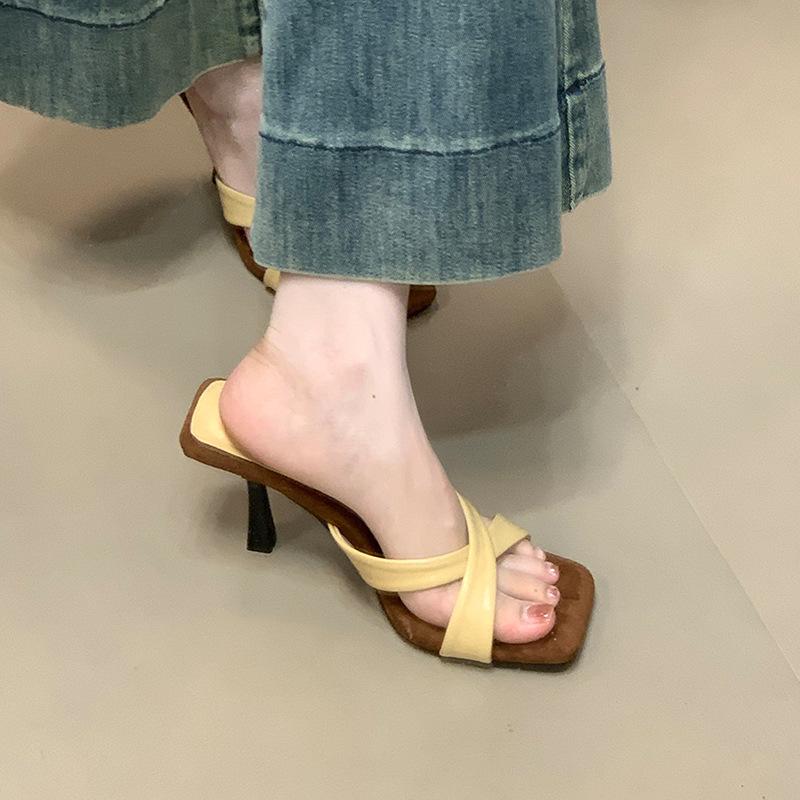 Retro one-word stiletto high heels design sense fashion open-toed cool slippers outside French style