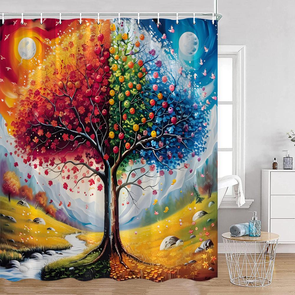 Jahreszeiten Baum Ölgemälde Duschvorhänge Fantasy Baum Wald Bunt Aquarell Blätter Badezimmervorhang Polyester Badezimmerdeko