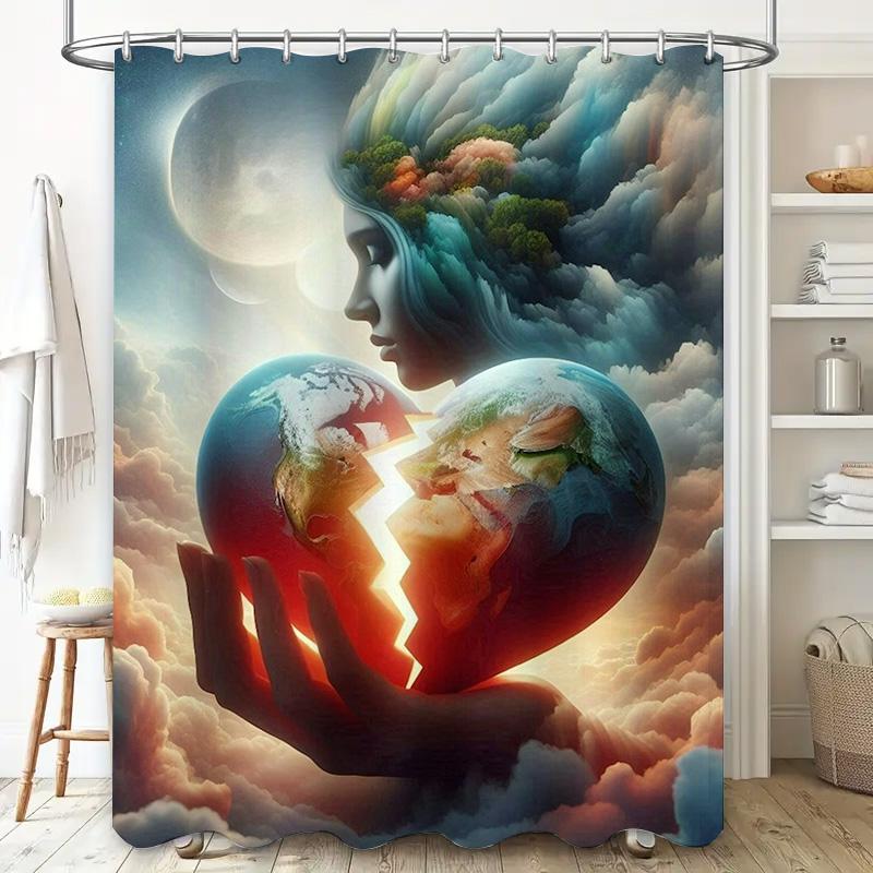 Surreal Earth Heart Shower Curtain - Waterproof, Mildew-Resistant, Machine Washable For Dreamy Bathroom Decor