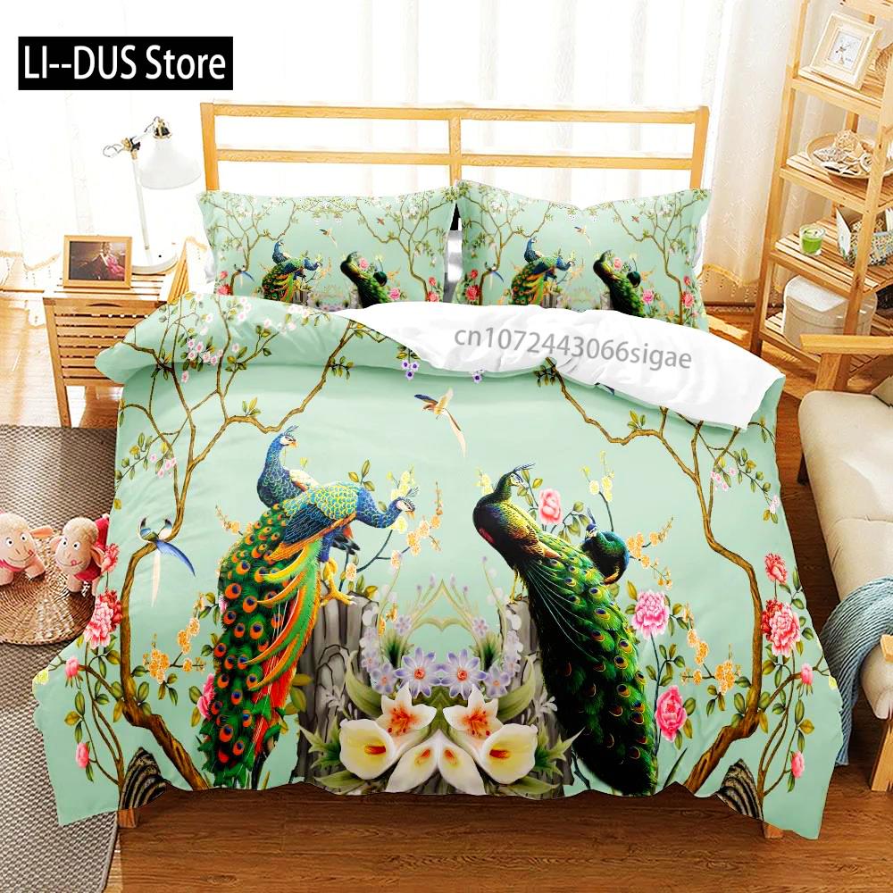 

3pcs Graceful Peacock Art 3D Bedding Set Single Twin Double Queen King Cal King Size Bed Linen Set Washed Cotton Duvet Cover EU Single(135*200cm)3pcs