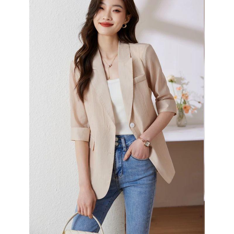 K-style Plus Size New Arrival Work Clothing Ol Two Buttons Thin Solid Color Half Sleeves Small Business Suit Coat Casual Chiffon Sun Protection Shirt