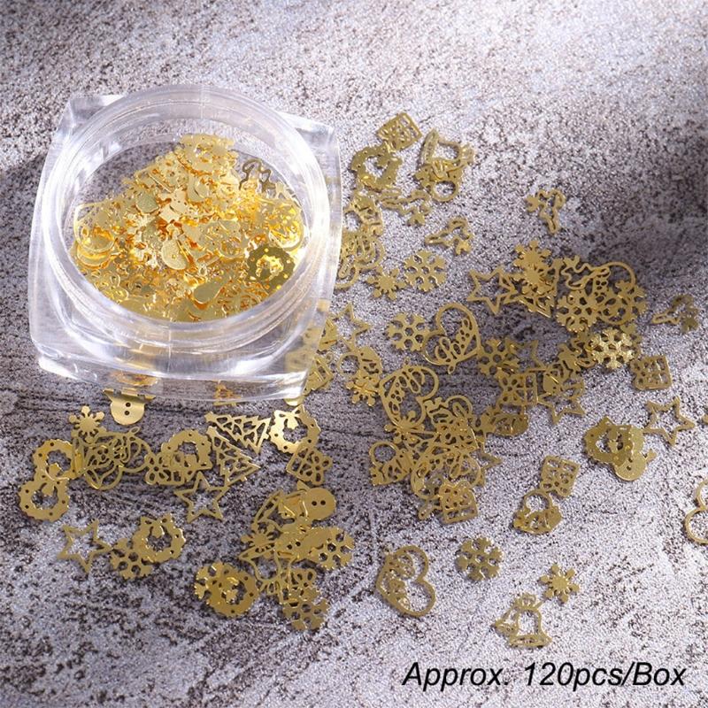 Celebrate Christmas Golden Nail Sequins Paillette 3D Metal Nail Art Charms Decoration Snowflake X'mas Boots Trees Pack
