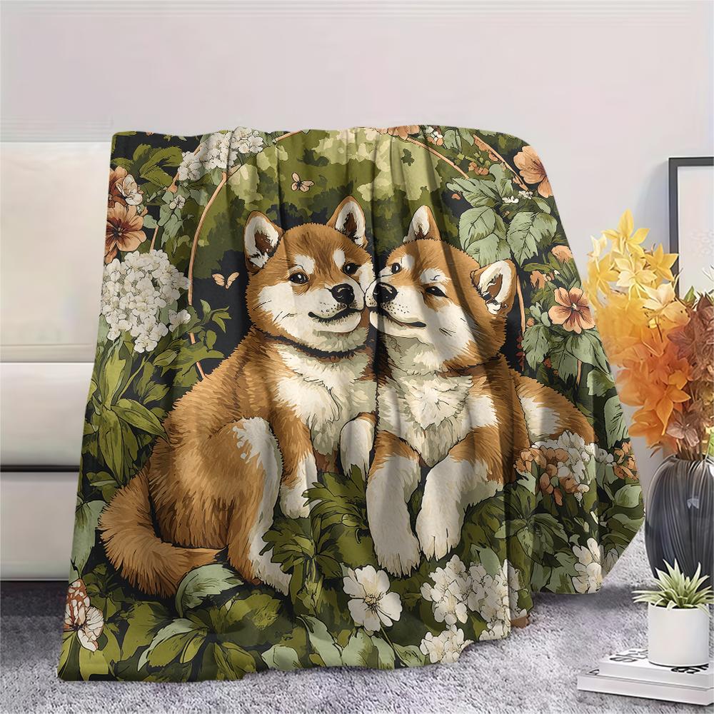 Shiba Inu and Leaves Pattern Flannel Blanket, High Quality Comfortable for All Seasons, Home Decor, Warmth and Comfort, Perfect for Gifts.