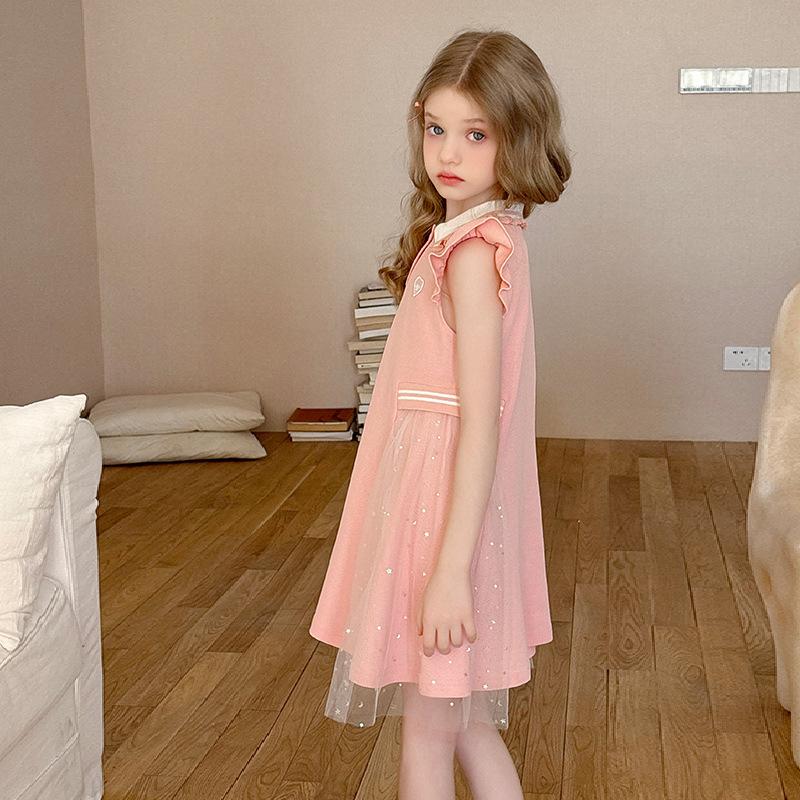 Mädchen Mode Prinzessinnenkleid 2025 Sommer Kinder Prinzessin Mesh Patchwork Polo Kragen Kleid