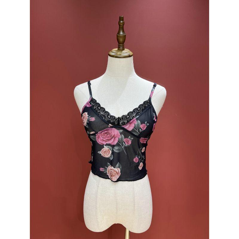 Sexy Lace V-neck Open Back Sling Tops Women's Summer Sexy Print Mesh Vest Inner Bottoming Top Tops