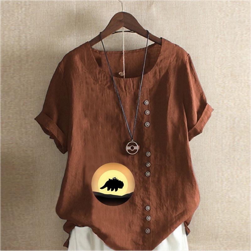 Women's Fashion Round Neck Short Sleeve T-shirt Casual Cotton Linen Graphic Shirt Shadow Prined Summer Blouse Tops Plus Size