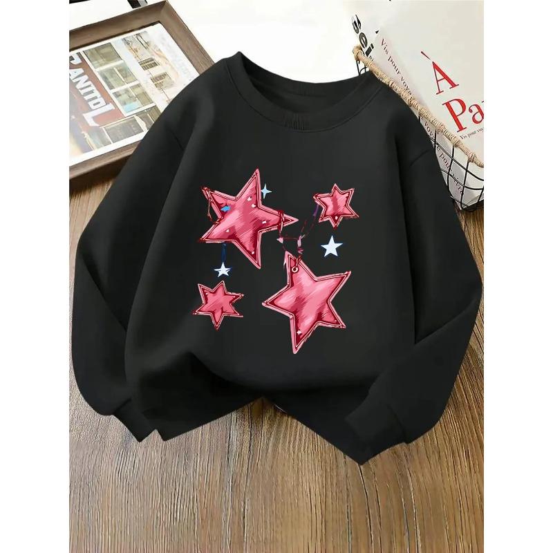 Kids Crewneck Sweatshirt, Pink Star Graphic Print, Spring Fall Casual Sport Tops