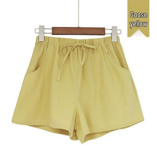 

Женские летние шорты из хлопка и льна с высокой посадкой: Эластичный, Свободный крой, Корейский стиль, Большой размер, Стройнящий, Широкие брюки 2XL жёлтый