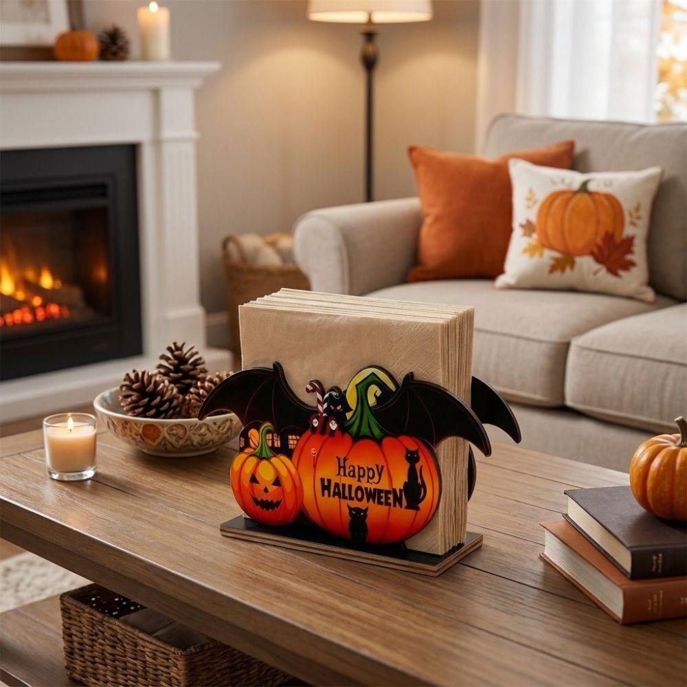 Wood Halloween Tissue Dispenser Pumpkin Ghost Pattern Multi-Color Wooden Napkin Holder Decorative Tabletop Decoration Restaurant