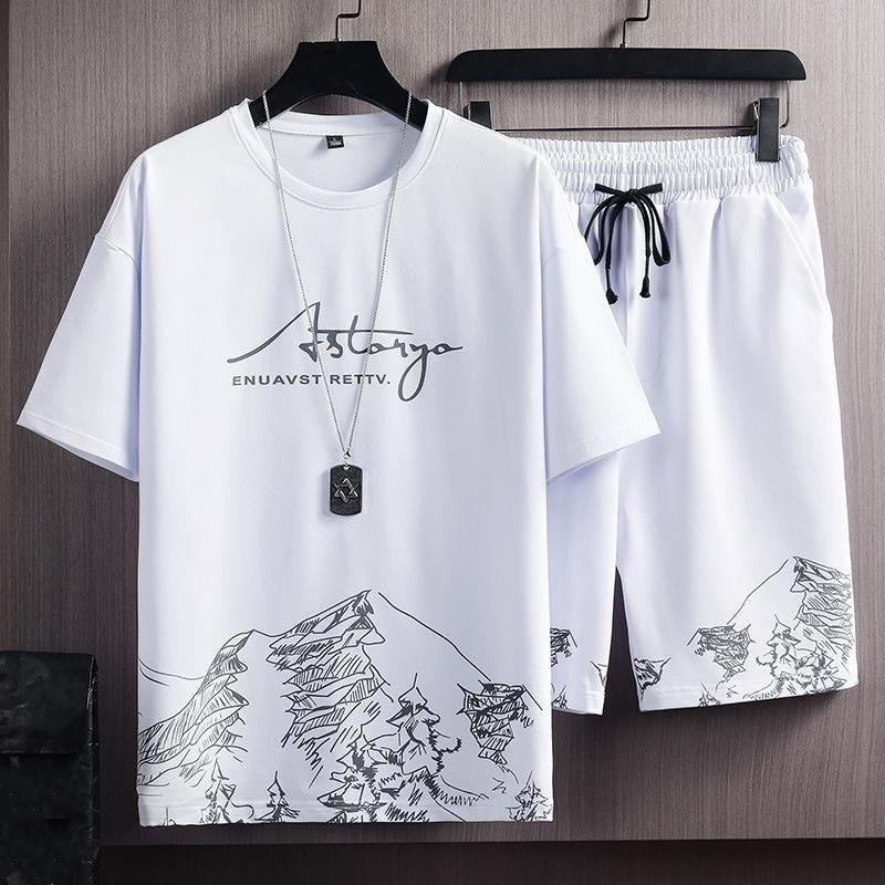 Men's Summer Korean-Style Athletic Set Student-Fit Loose Short-Sleeve T-Shirt + Cropped Pants Two-Piece Set