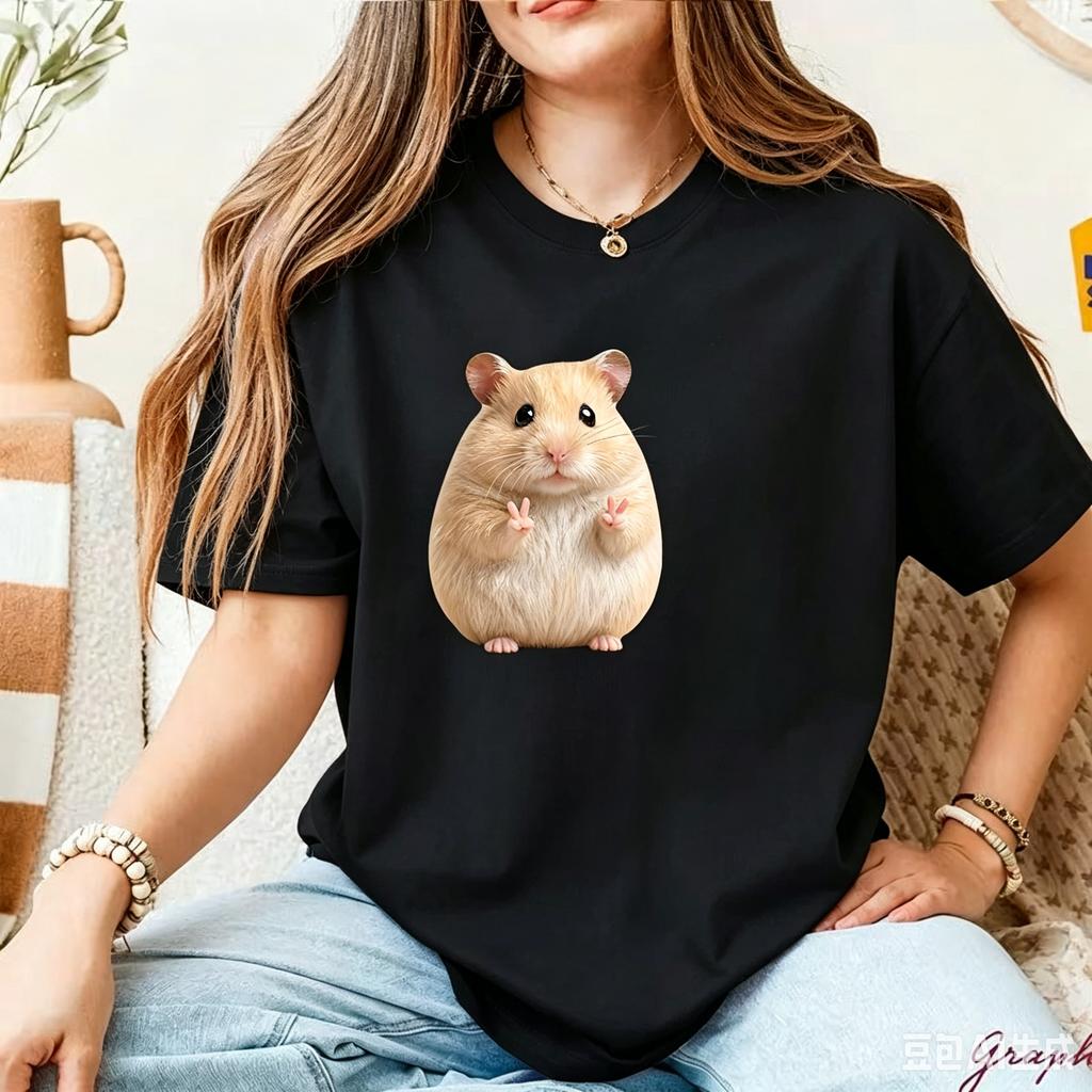 Kawaii Hamster Peace Sign Tshirt Cute Animal Graphic Tee Summer Short Sleeve Pet Lover Gift Trendy Fashion Unisex Casual Tops