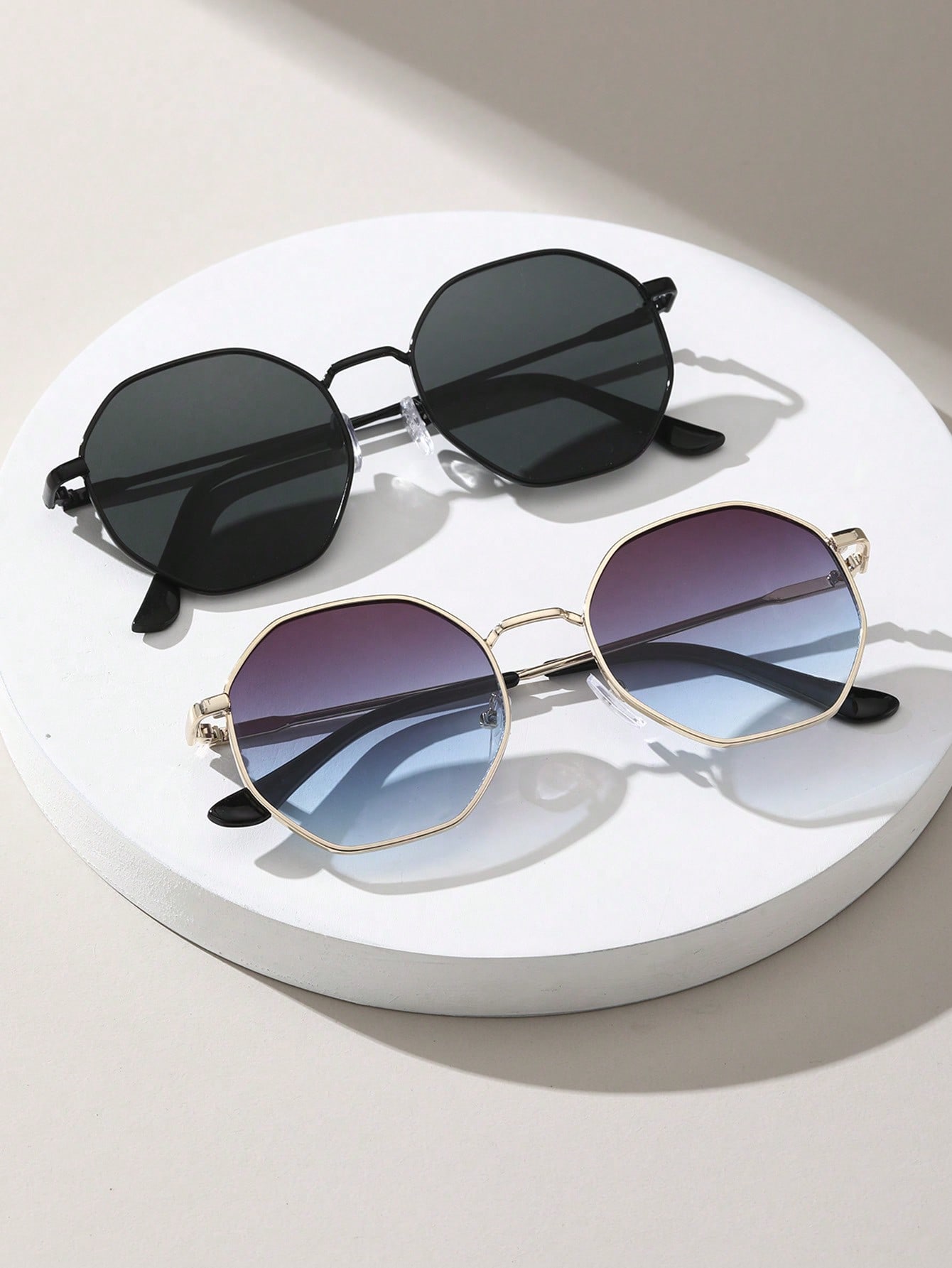 

2 Pcs Metal Geometric&Round Frame Fashion Classical Sunglasses For Vacation Decors Photo Props