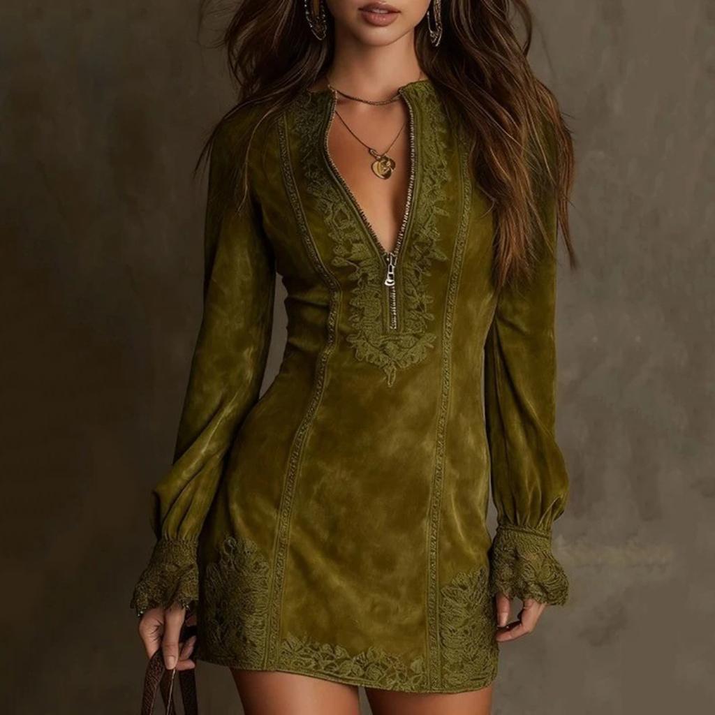 Women Suede Dress V-Neck Zipper Lace Long Sleeve Solid Color Vintage Dress XXXL зелёный