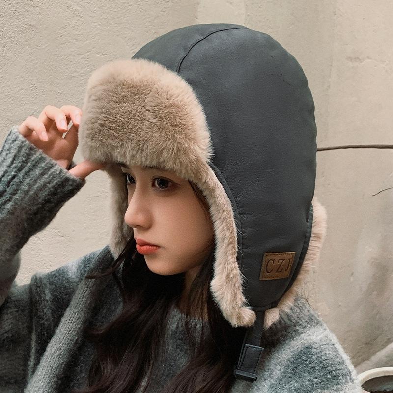 Adult Leather Waterproof and Warm Lei Feng Hat Men's Outdoor Motorcycle Ski Plus Velvet Flying Hat Women's Ear Protection Hat