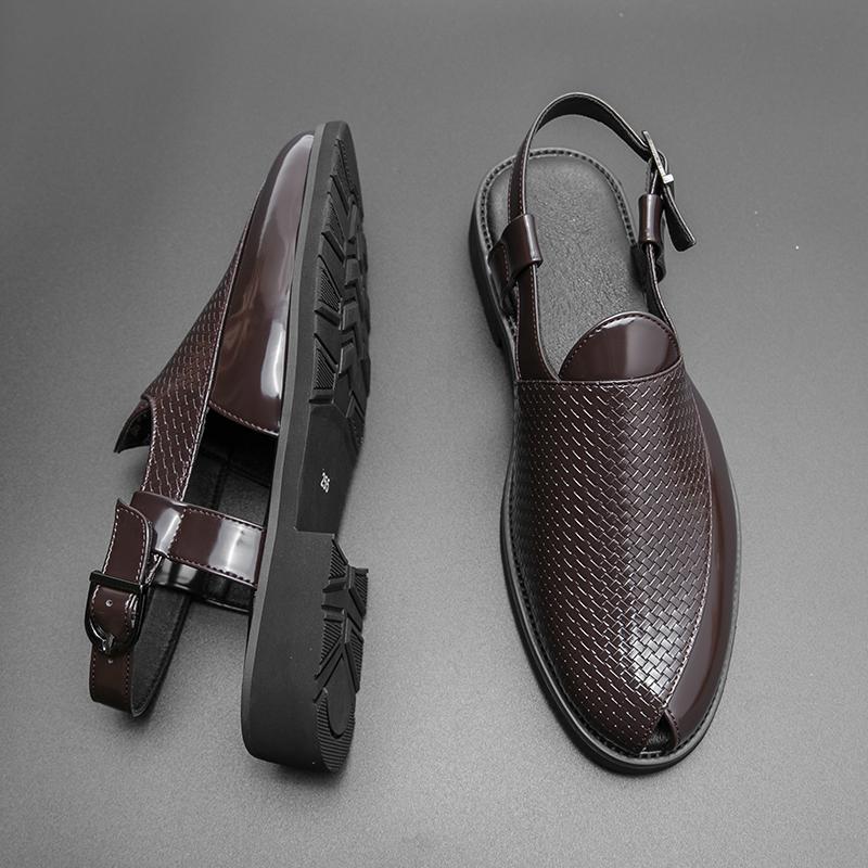 Fashion Men Classic Woven Leather Sandals PU Black Brown British Summer Breathable European and American Buckle Sandals 38-47 Men Sandal