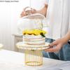 Golden Wrought Iron Cake Plate with Glass Cover Cake Dessert Table Decoration Display Tray with Cover White Ceramic Plate