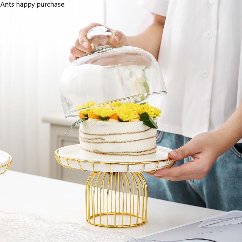 Golden Wrought Iron Cake Plate with Glass Cover Cake Dessert Table Decoration Display Tray with Cover White Ceramic Plate