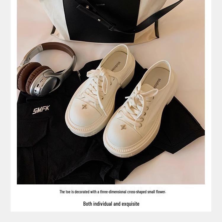 Grape Mom's Style White Canvas Shoes - Women's Lace-Up, Large Round Toe, 7cm Thick Sole, Height-Increasing, Casual Autumn/Winter Footwear