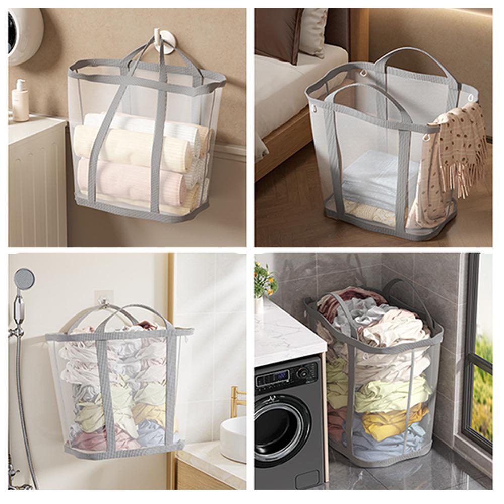 Foldable Mesh Laundry Basket With Handle Large Capacity Hanging Dirty Clothes Hamper Nylon Mesh Laundry Organizer Bag Bathroom