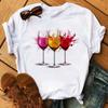 New Women T-Shirt Casual Short Sleeve T Shirt Women's Fashion Rose Red Wine Glass Printed Black T-Shirt Female Tops Tees