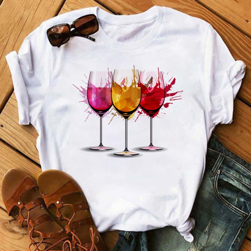New Women T-Shirt Casual Short Sleeve T Shirt Women's Fashion Rose Red Wine Glass Printed Black T-Shirt Female Tops Tees