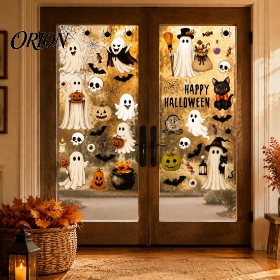 Clear Pattern Window Decal 6 Sheets Halloween Clings, Spooky Ghost Pumpkin Bat Decorative Film Sticker, Reusable Static Glass Decals for Holiday Party