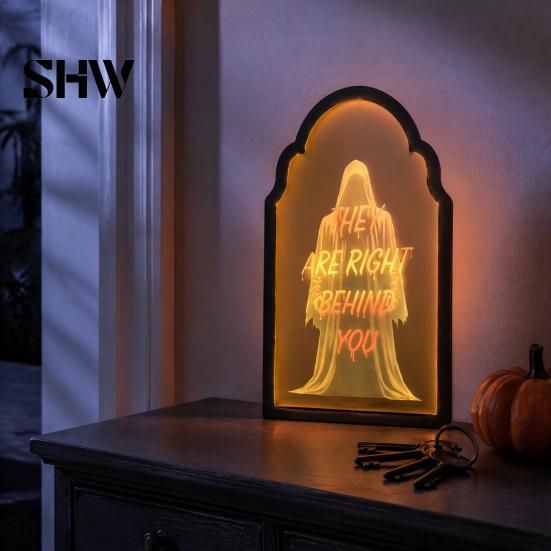 Dekorativer Holzrahmen Leuchtender Geisterspiegel, Gewölbter Geist/Sensenmann Halloween Beleuchteter Bogen Spiegel Weiches Umgebungslicht für Kaminsims, Hausparty