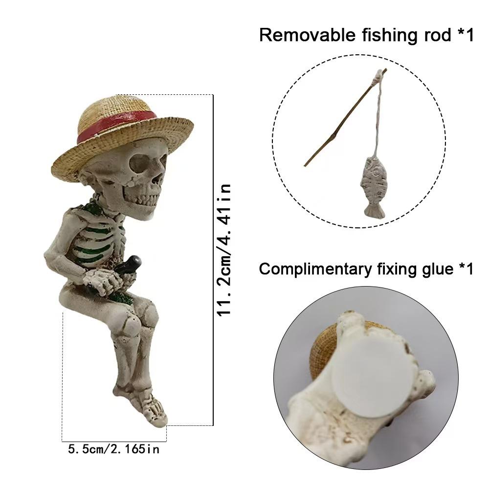 Fishing Skeleton Sculpture Garden Decorative Fishing Skeleton Statue Creative Skull Figurines Novelty Gifts Outdoor Ornaments