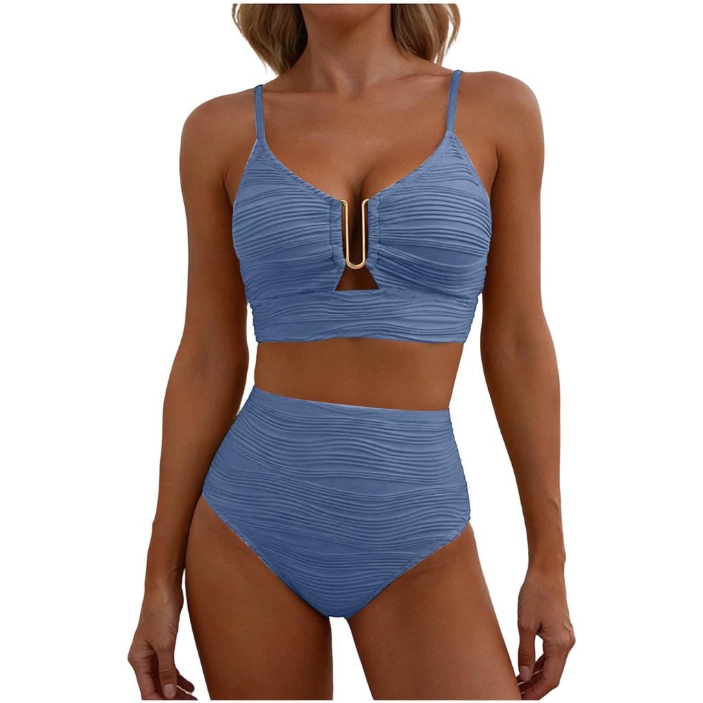 2 Piece Bikini Set Women’s U-Wire Cutout Popular Swimsuit High Waisted Textured 2026 Summer Beach Swim Female Bathing Suits