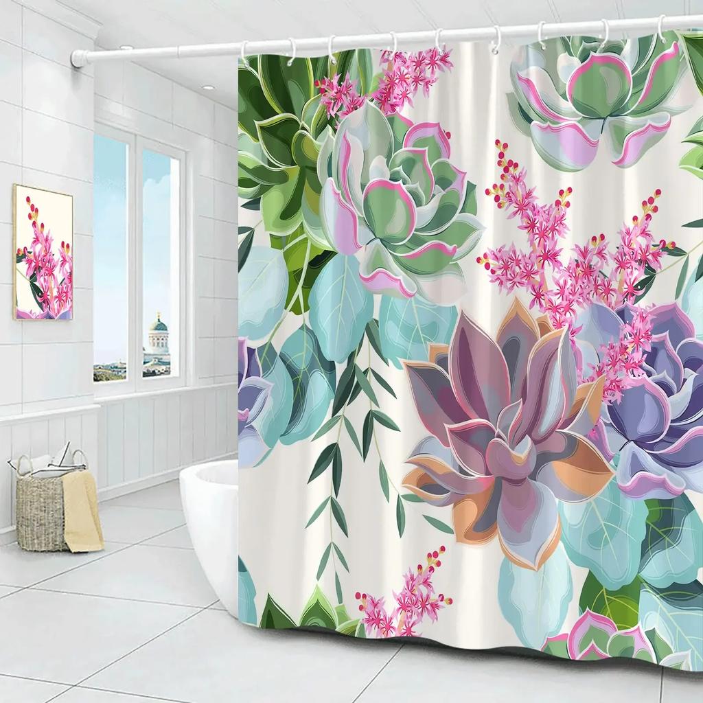 Floral Shower Curtains for Bathroom Pink Plant Flowers Watercolor Butterfly Wildflower Botanical Bathroom Curtain Set,Waterproof