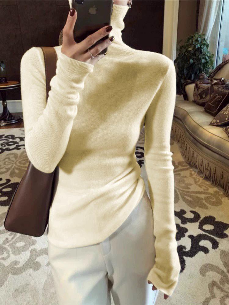 Women's White Slim Fit Turtleneck Sweater - Fashionable Knitted Autumn/Winter Top