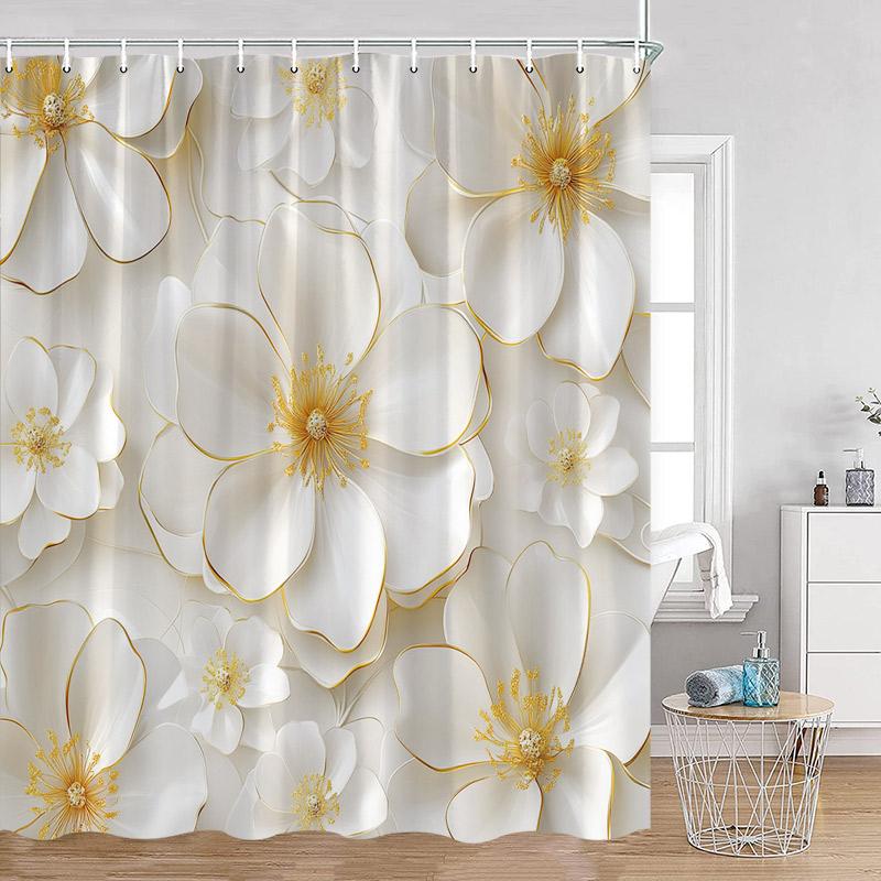 Luxury Gold White Floral Shower Curtain Rose Butterfly Cherry Blossom Modern Art Flower Polyester Fabric Bathroom Curtains Dec