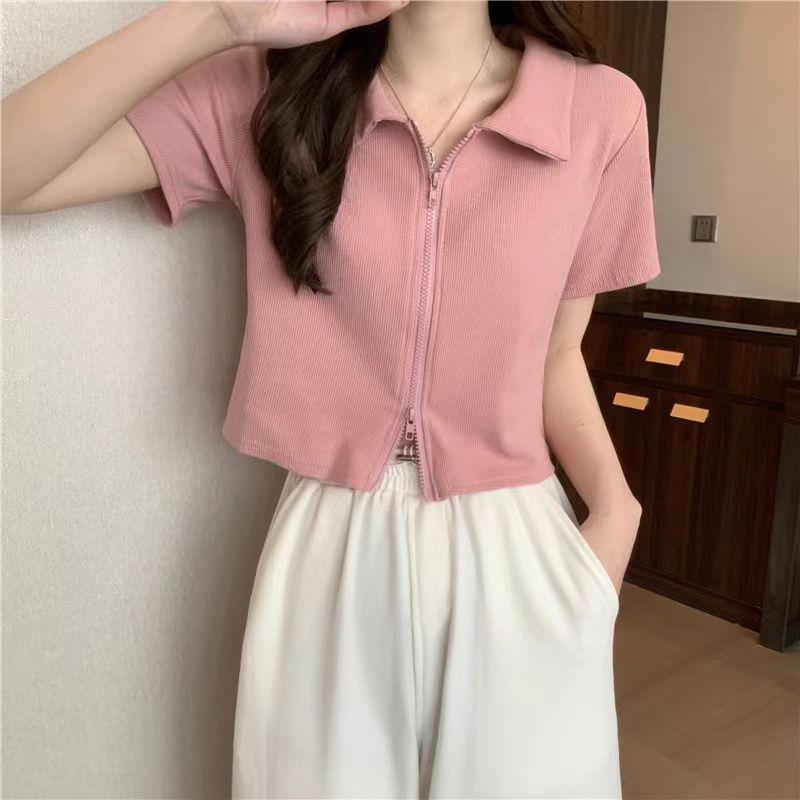 American Hot Girl Polo Neck Short-sleeved T-shirt for Women Summer Design Double-head Zipper Niche Slim Fit Short Top